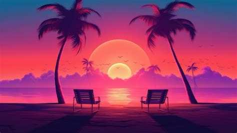 Premium AI Image | sunset beach drawing with palm trees with gradient ...