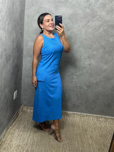 Vestido Midi C Bolsos Em Linho Lan Amentos Marikitta Roupas