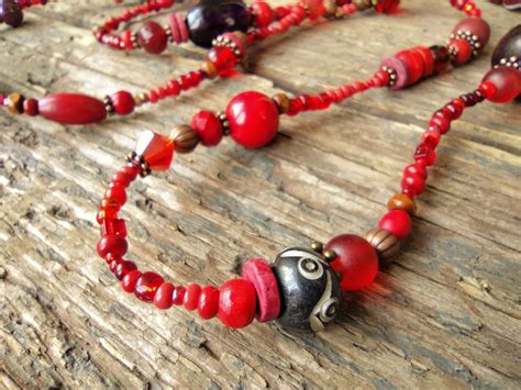 Long Red Necklace Red Bead Necklace Beaded Necklace Red Etsy