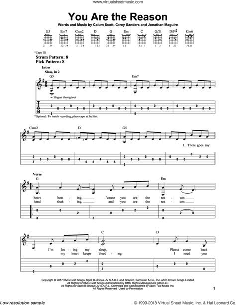 You Are The Reason sheet music for guitar solo (easy tablature)