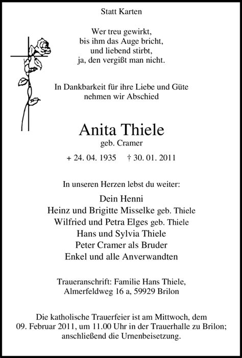 Traueranzeigen Von Anita Thiele Trauer In NRW De