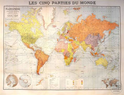 Affiche Ancienne Voyage Planisph Re Les Cinq Parties Du Monde