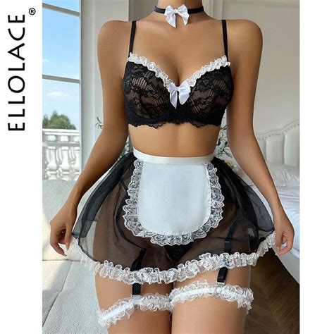 Ellolace Maid Lingerie Sexy Erotic Outfits Fancy Lace Bowknot Bra Kit