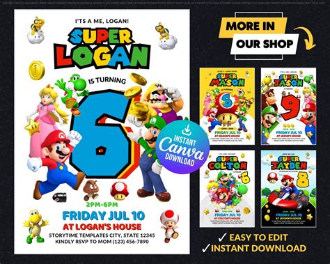 Mario Invitations Digital Template Mario Bros Invite Mario - Etsy