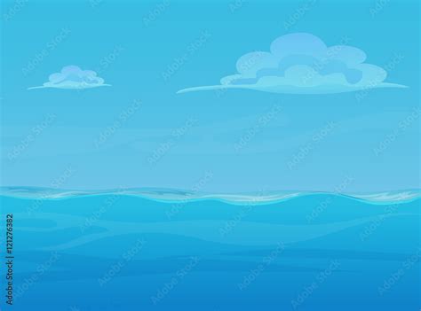 Water ocean sea landscape with sky and clouds. Vector game style ...