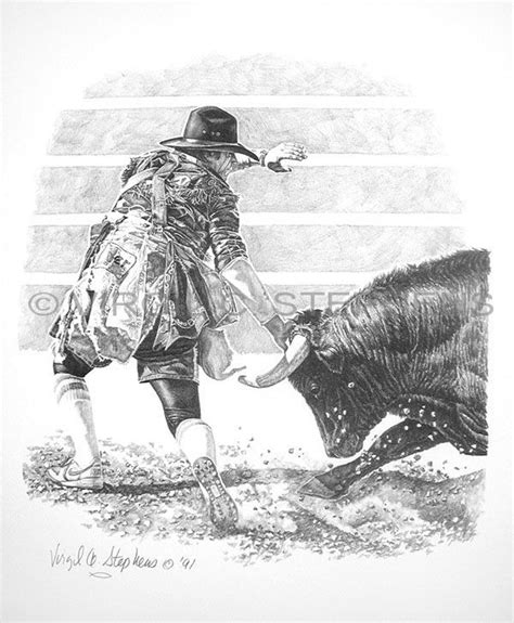 Bull Fighting Rodeo Pencil Drawing By Western Artist Virgil C