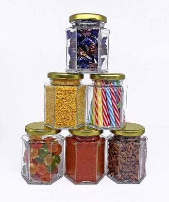 Brindavan Crystal Clear Hexagon Shaped Glass Jar For Storage Of Spices