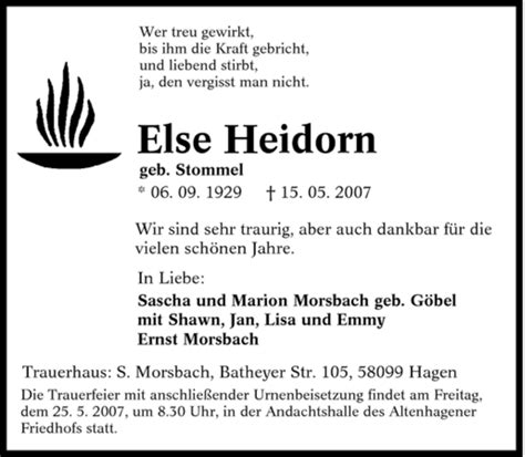 Traueranzeigen Von Else Heidorn Trauer In Nrw De