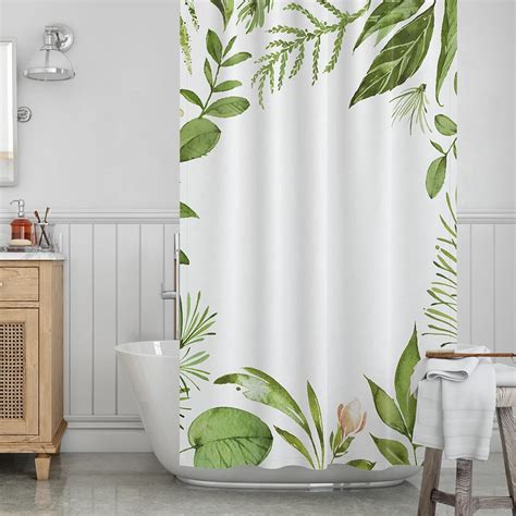 Green Leaves Shower Curtains Plant Print Bath Curtain Polyester Fabric