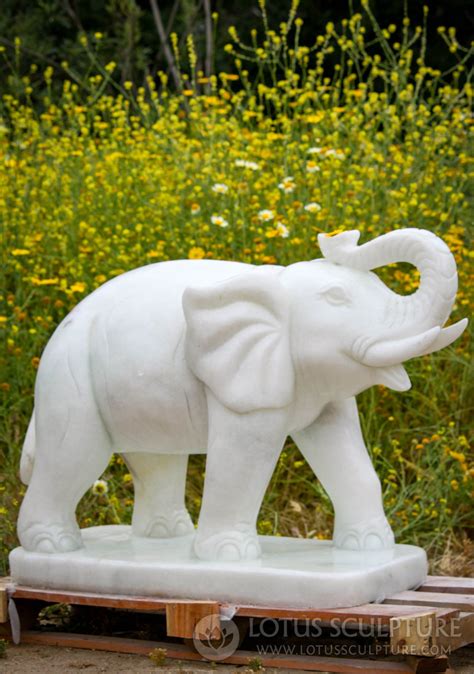 White Marble Elephant Of Good Fortune Garden Sculpture With Raised