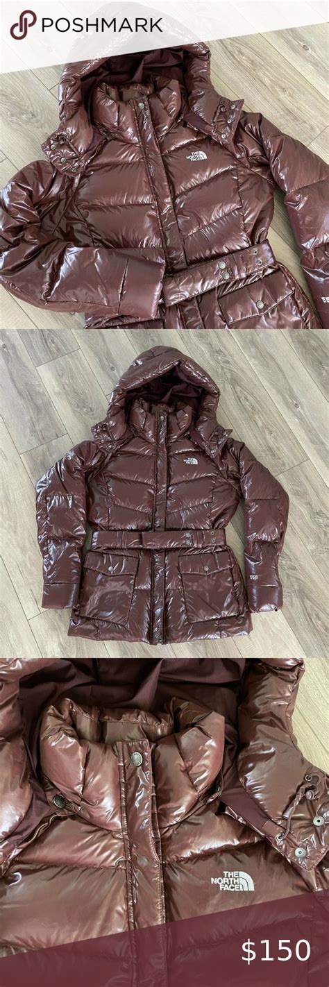 The North Face Maroon Shine Hooded Belted Down Parka 550 Fill Jacket