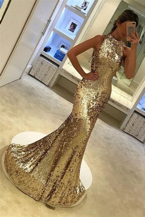 Mermaid Gold Sparkling Long Prom Dress Formal Evening Dresses 601425