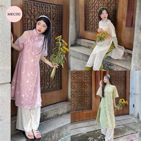 Set áo dài voan tơ Mecixi mẫu áo dài nữ cách tân thêu hoa tay lỡ kèm quần lụa hot Tết T
