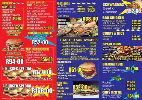 Menu At Yankys Fairland Restaurant Randburg