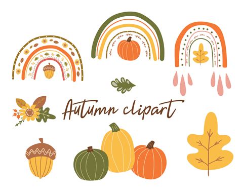 Autumn vector clipart. Autumn rainbow, cute fall pumpkin, leaves, fall ...