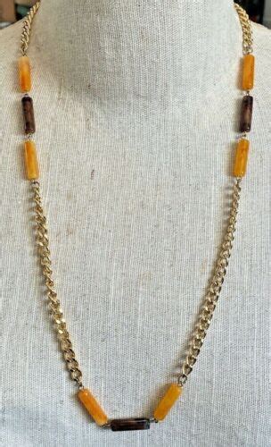 Vintage Emmons Gold Tone Long Chain Necklace W Amber Butterscotch