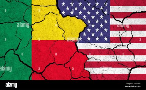 Flags Of Benin And USA On Cracked Surface Politics Relationship