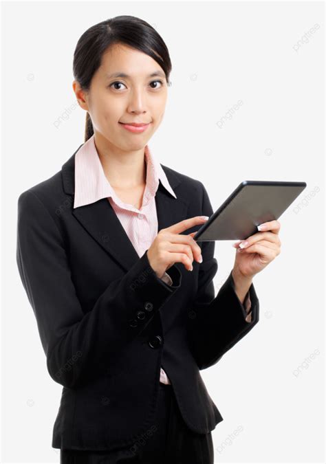 Asian Business Woman Using Tablet Pc Hk Read Japanese Holding Png