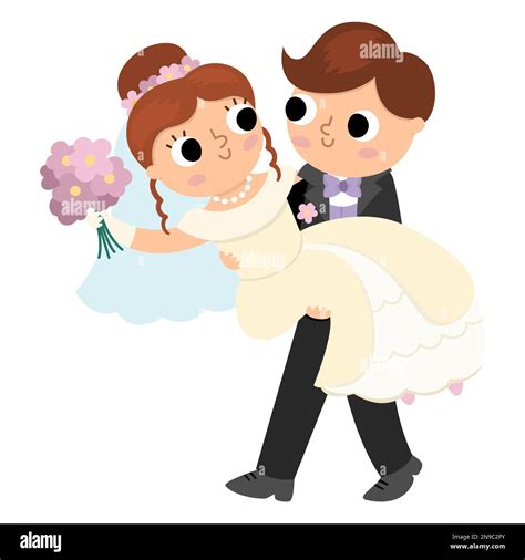 Vector Illustration With Groom Carrying Bride On His Hands Cute Just