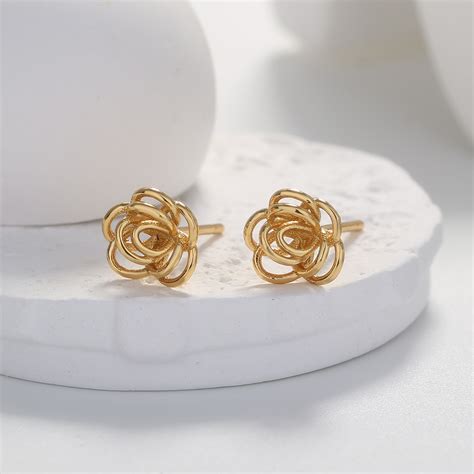 14k Plated Hollow Rose Flower Stud Earrings Simple Design Temu Portugal