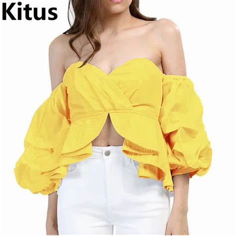 Sexy Off Shoulder Blouse Shirt Women Summer Ruffle Tops Elegant Beach Wear Puff Sleeve Party