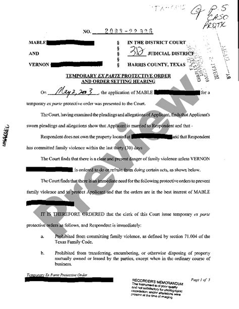 Texas Temporary Ex Parte Protective Order Texas Temporary Ex Parte Protective Order Form Us