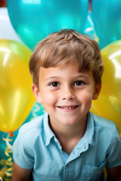 Un niño feliz y sonriente celebra su cumpleaños Foto Premium