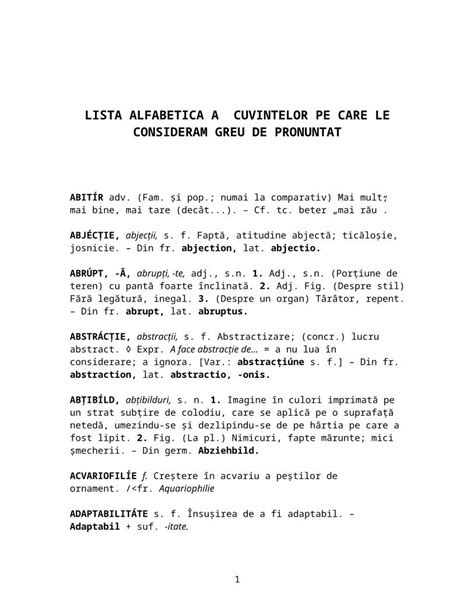 Doc Lista Alfabetica A Cuvintelor Pe Care Le Consideram Greu De