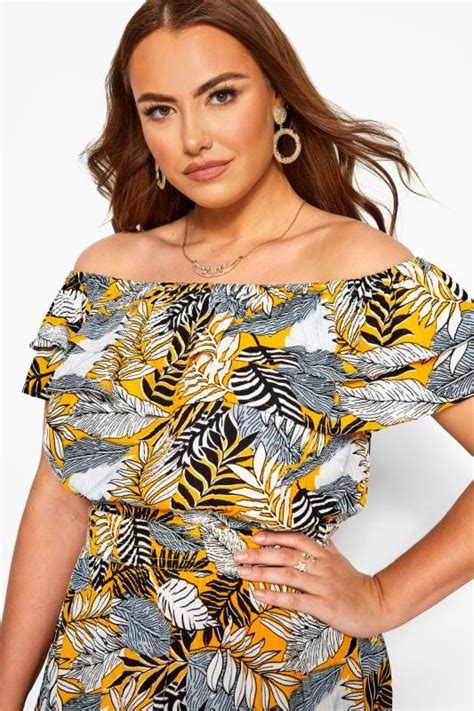 Yellow Tropical Print Bardot Midi Dress Yours Clothing