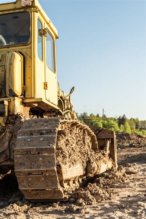 Old Dirty Yellow Crawler Bulldozer Rear View The Construction Machine