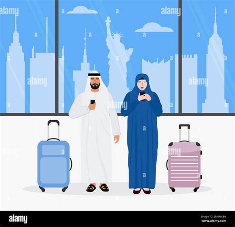 Vector Illustration Muslim Man Woman With Suitcases Use Cell Phones