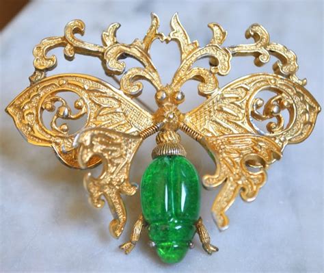 Signed Nettie Rosenstein Gold And Green Butterfly Trembler Brooch