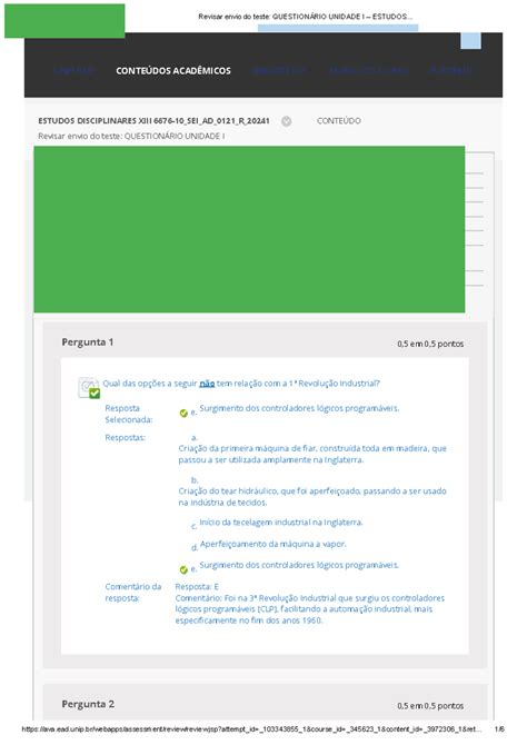 Revisar envio do teste Questionário Unidade I Estudos Revisar envio