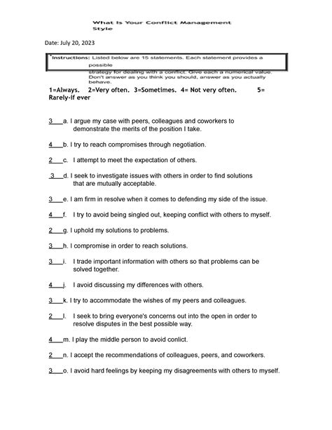 Problem Solving Conflict Management Styles Assessment Date July 20