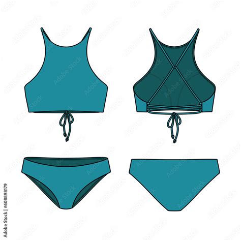 Sporty Bikini Technical Fashion Flat Swimsuit Vector Illustration Front And Back View