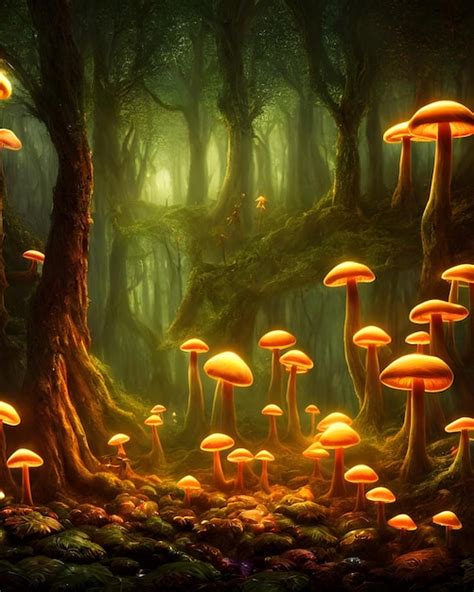 Un Bosque Encantado En La Noche Iluminado Por Setas Brillantes Fantas A