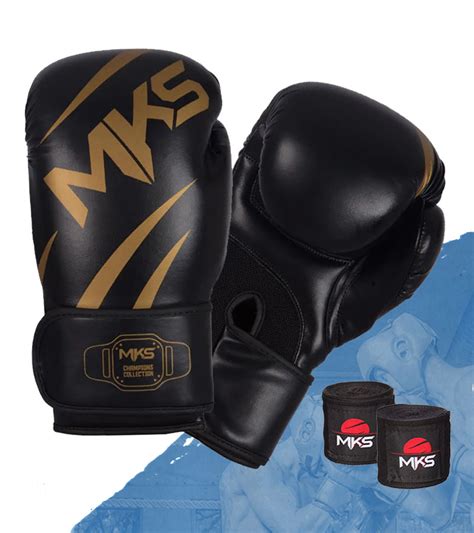 Kit Luva De Boxe MKS Champions V3 Preto Dourada Bandagem Preta 2 55m