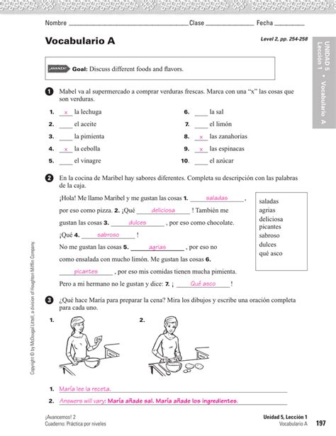 Unidad Leccion Answers Vocabulario A Crucigrama Complete The