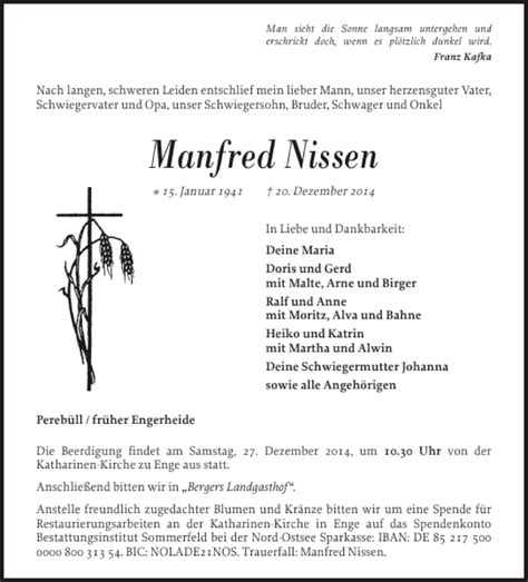 Traueranzeigen Von Manfred Nissen Sh Z Trauer