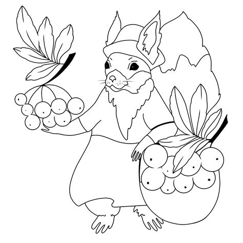 Autumn Coloring Page - A Squirrel with Red Rowanberries ♥ Online!