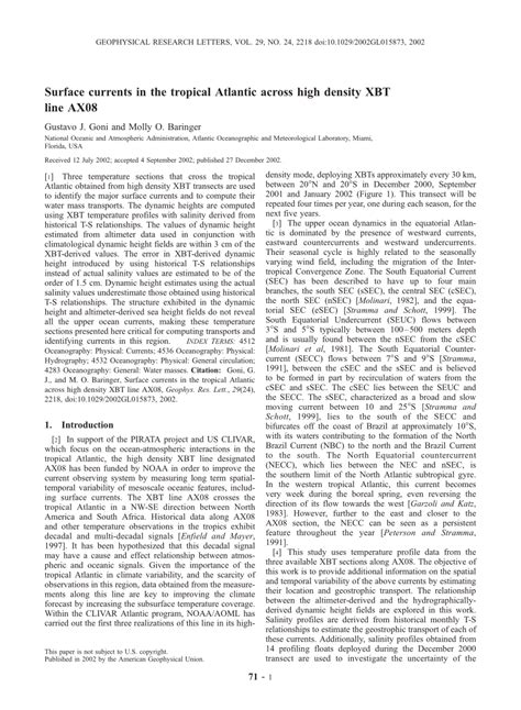 Pdf Surface Currents In The Tropical Atlantic Across High Density Xbt