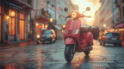 Premium Photo Red Scooter Parked On A Cobblestone Street In The City