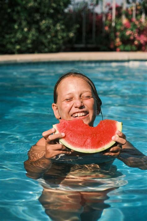 Girl With Watermelon Inside The Pool Stock Image Image Of Girl