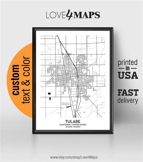 Tulare California Map, Tulare City Print, Tulare Poster, Personalized Wedding Map Art, Gift for ...