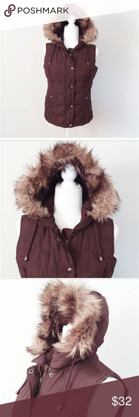 Gap Brown Puffer Vest With Faux Fur Hood Size S Faux Fur Hood Brown