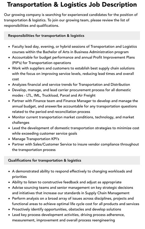 Transportation And Logistics Management Job Description Transport