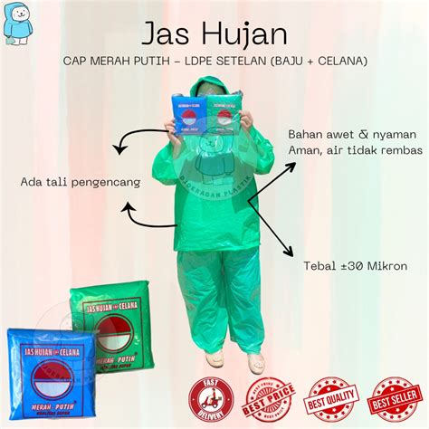 Jual Jas Hujan LDPE Setelan Baju Celana Cap Merah Putih Mantol