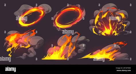 Game effect of fire, flame animation with smoke clouds. Comic blast ...