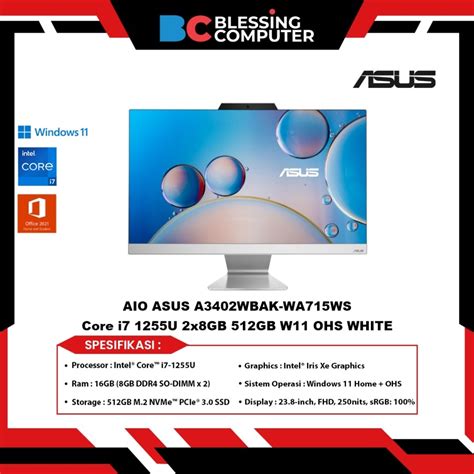 Jual AIO ASUS A3402WBAK WA715WS Core I7 1255U 2x8GB 512GB W11 OHS WHITE