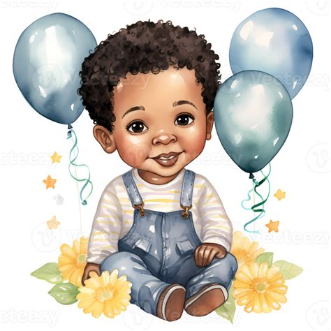 Cute Birthday Baby Boy African American Watercolor Clipart Illustration ...